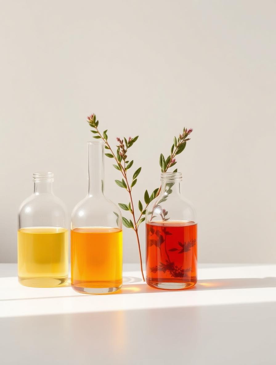 Laboratory glassware with clear botanical extracts